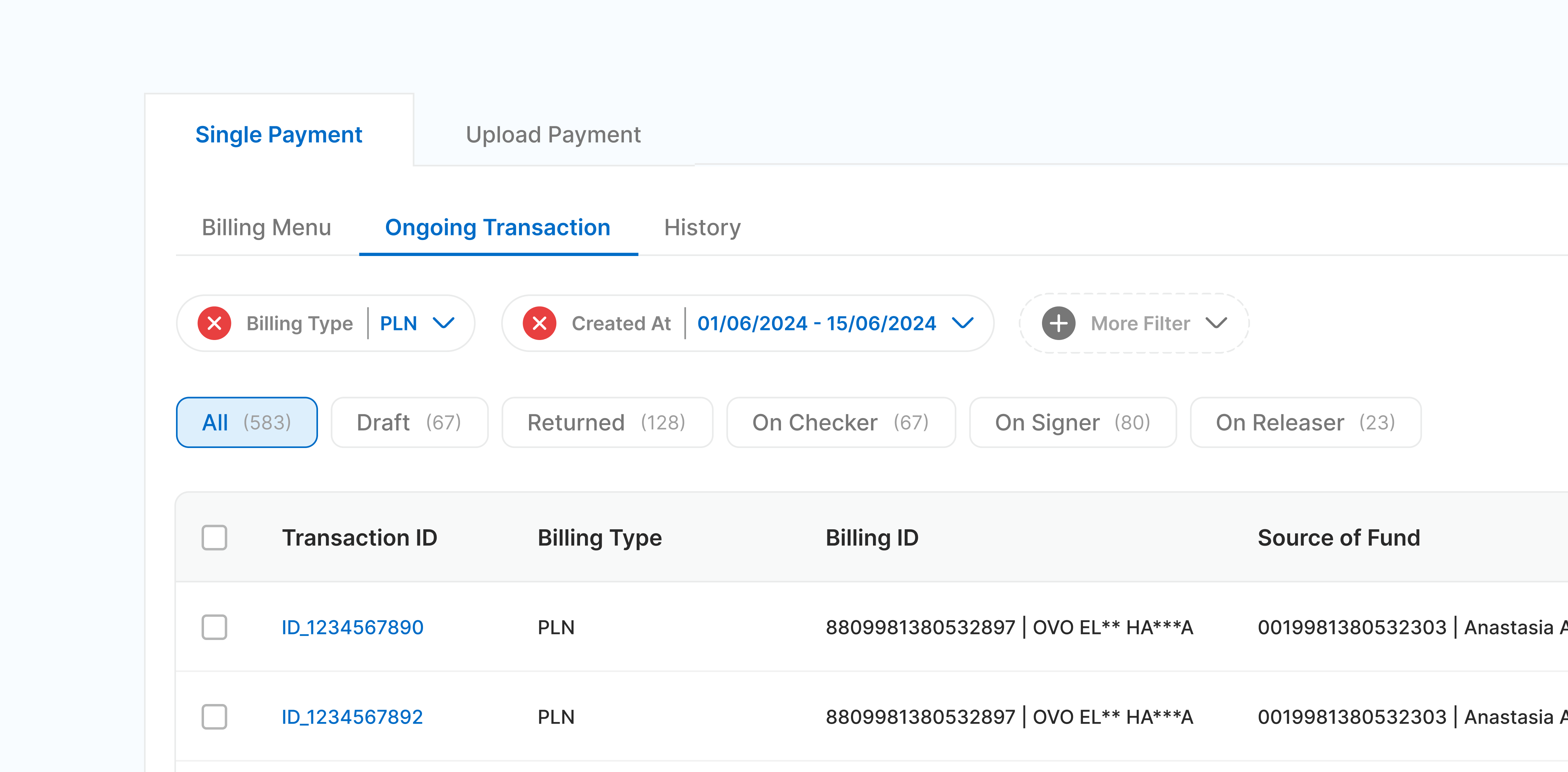 Financial dashboard table with multiple tabs and filters