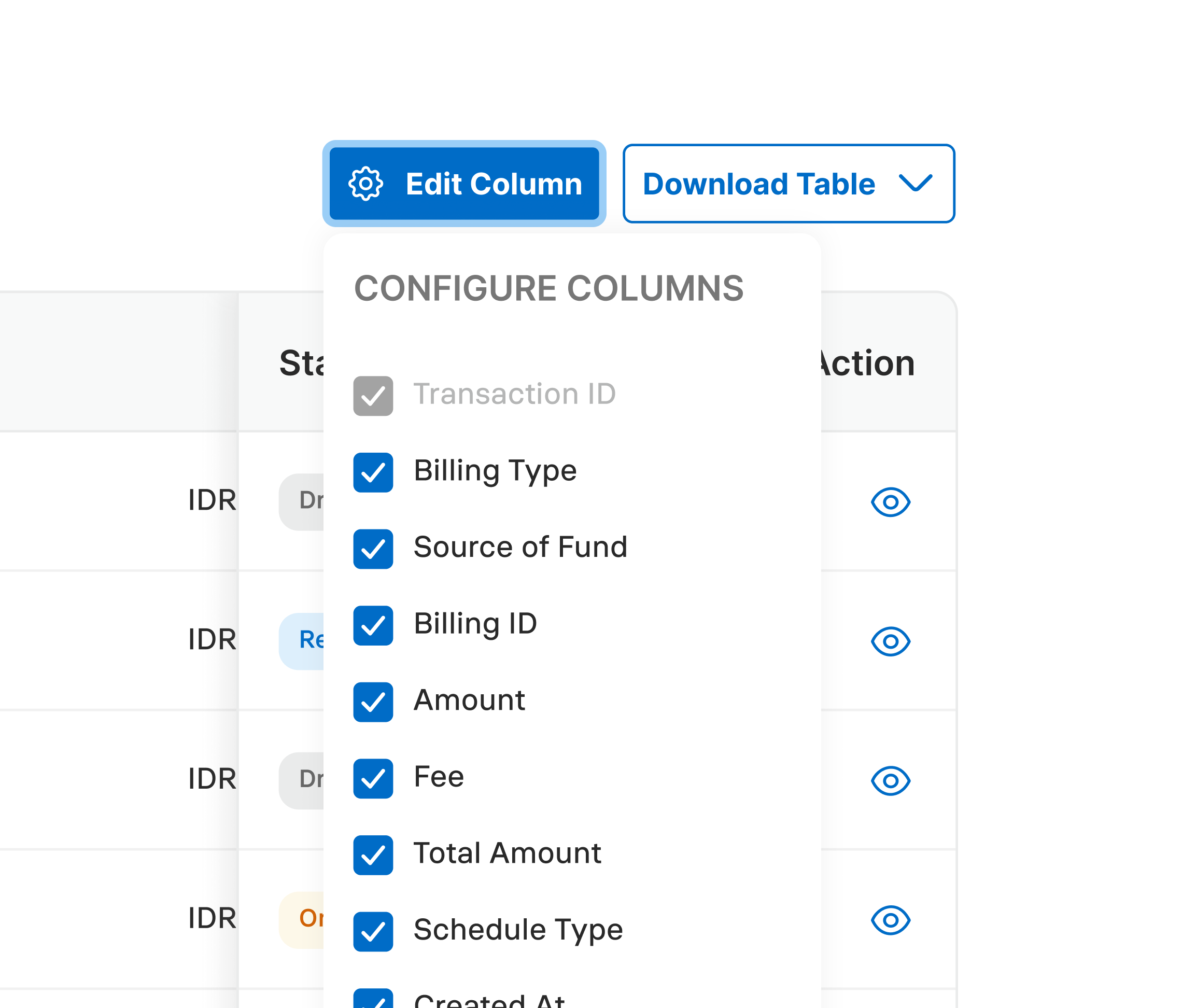 Configurable columns in a transaction table