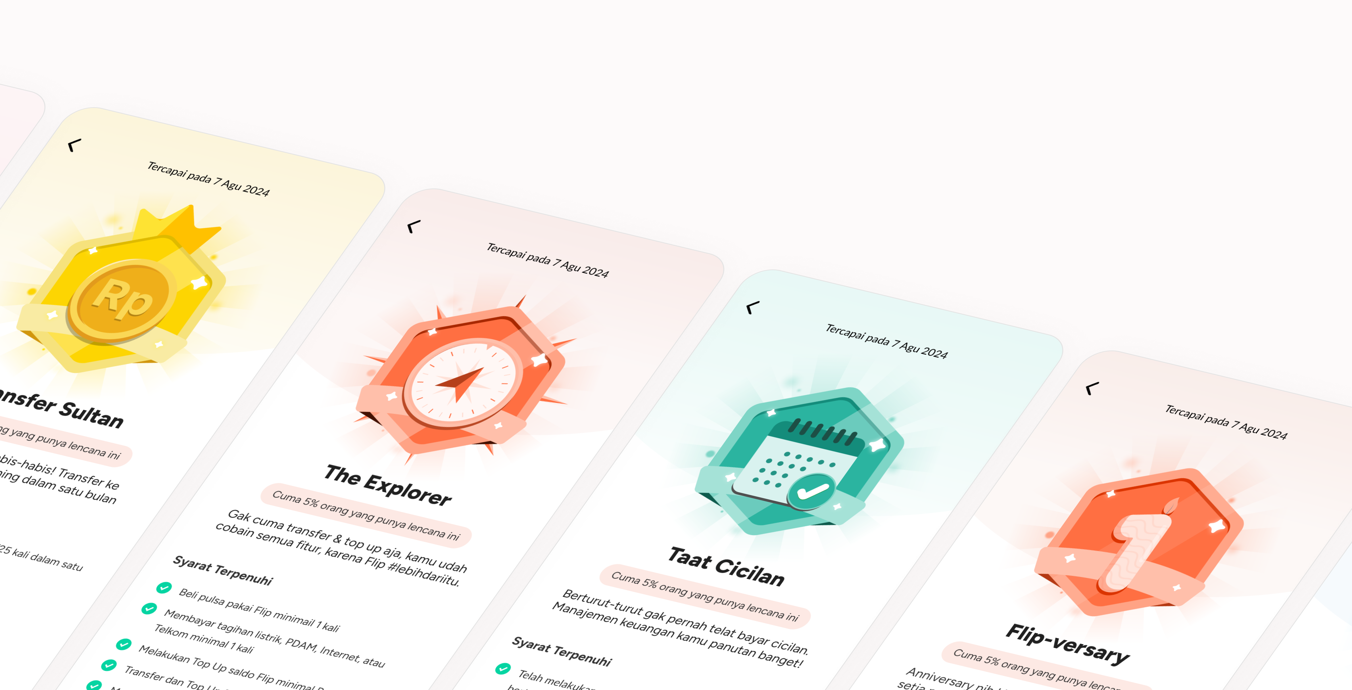 Earned Flip badges with personal stories and completed tasks.