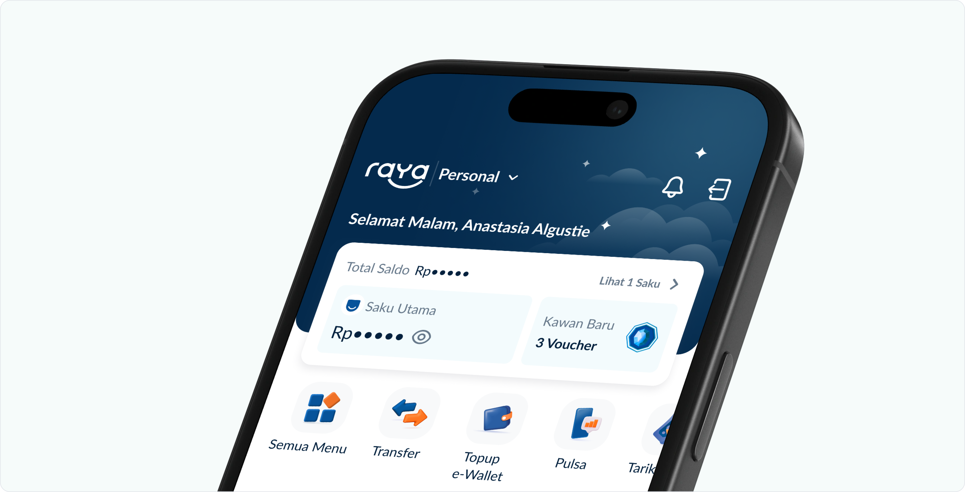 Redesigned Bank Raya home with a total balance overview and quick actions